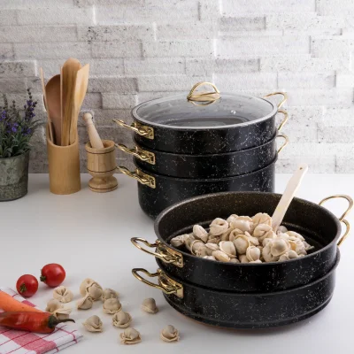 Evren 6 Parça 30 Cm Black Spider Buharlı Pişirici, Mantı Tencere Seti 7,5 Lt